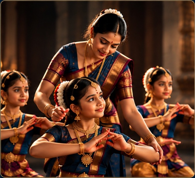 Bharatanatyam teacher with students