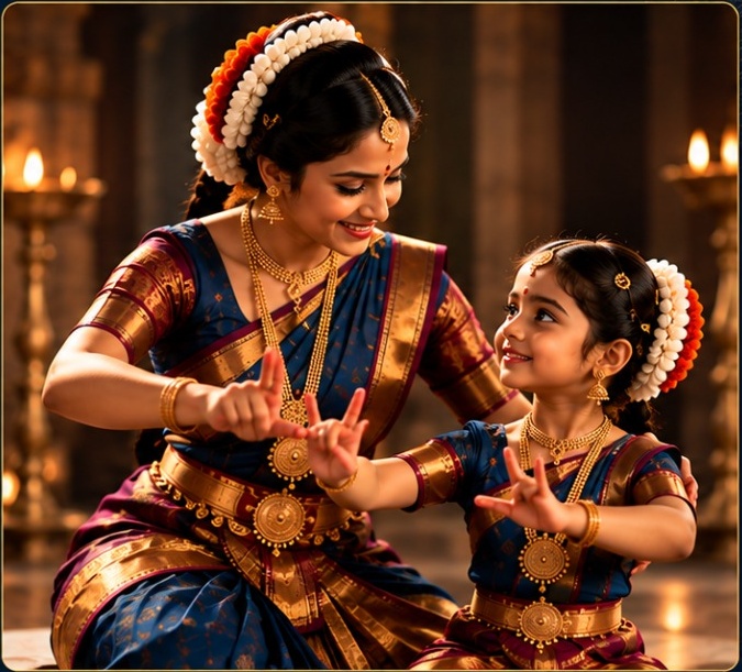 Bharatanatyam teacher and student