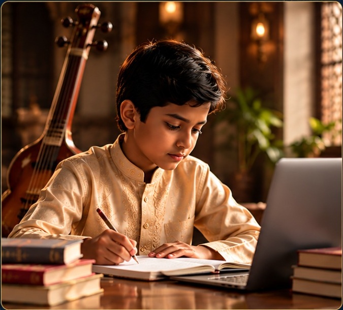 Student studying music learning materials